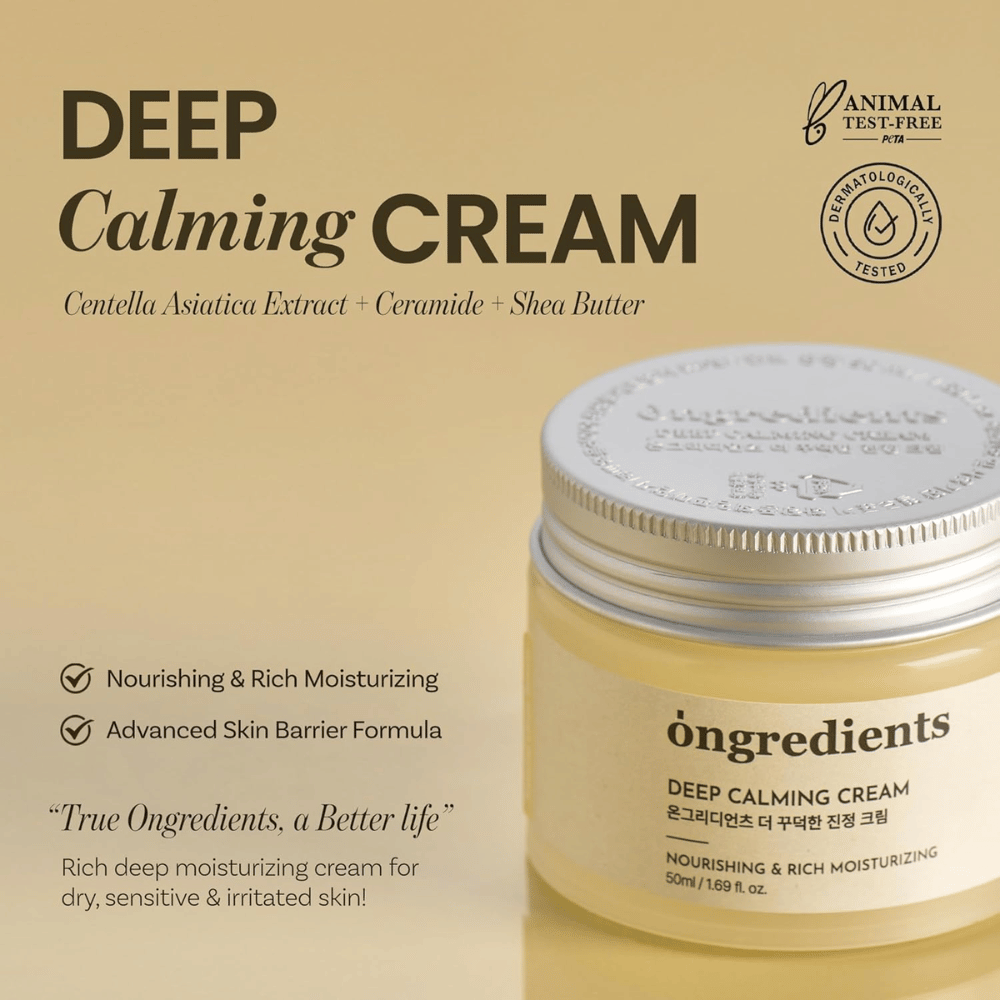 Ongredients Deep Calming Cream – dermatologisch getest, cruelty-free gezichtscrème voor droge, gevoelige en geïrriteerde huid.