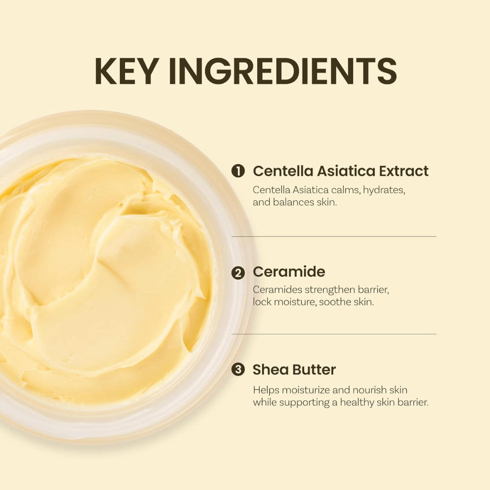 Belangrijkste ingrediënten in Ongredients Deep Calming Cream: Centella Asiatica, ceramiden en sheaboter die de huid hydrateren en in balans brengen.
