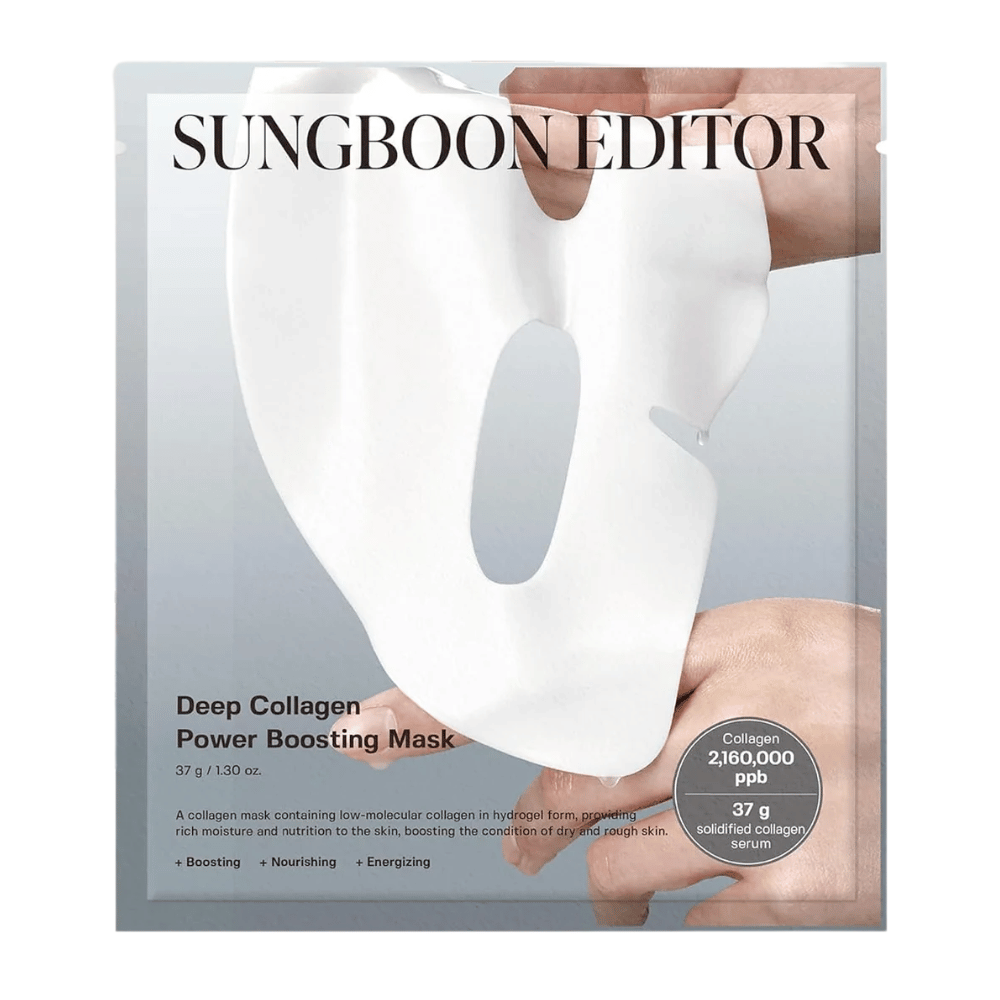 Sungboon Editor Deep Collagen Power Boosting Mask 37 g, een collageen Sheet mask in zilververpakking die hydrateert, versterkt en voeding geeft aan de huid.