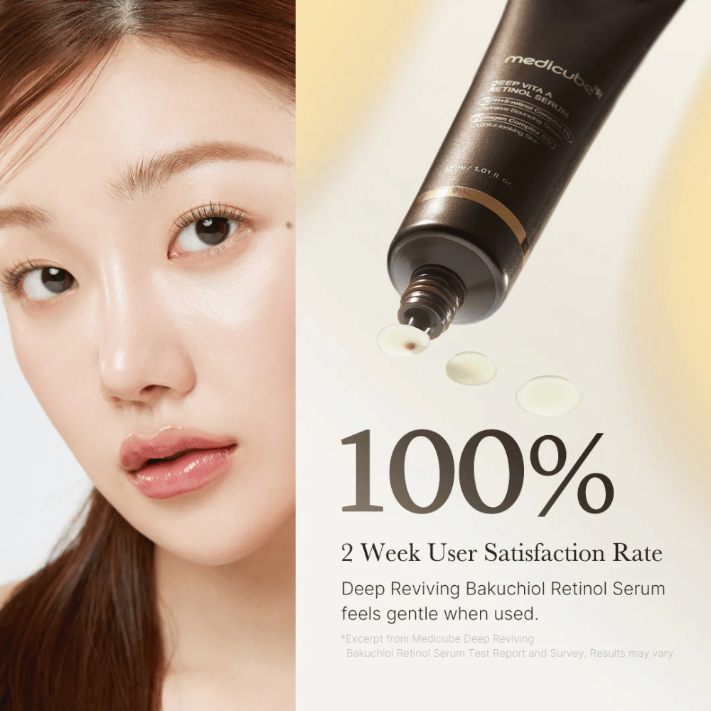 Advertentiebeeld voor Medicube Deep Vita A Retinol Serum met een close-up van een vrouw, de producttube en tekst die 100% gebruikersvoldoening na twee weken laat zien.