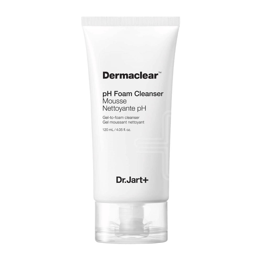 Witte tube van Dr.Jart+ Dermaclear pH Foam Cleanser met zwarte tekst, rechtopstaand tegen een witte achtergrond.