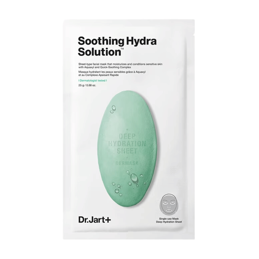 Een verpakking van Dr.Jart+'s "Soothing Hydra Solution" diep hydraterend gezichtsmasker, met een groen waterdruppelvormig ontwerp tegen een witte achtergrond. Het masker is een eenmalig product bedoeld voor diepe hydratatie.