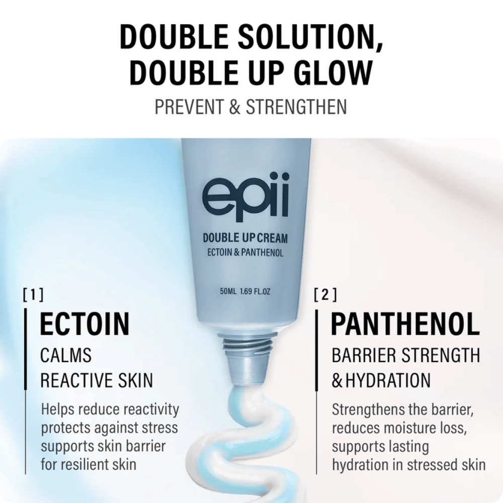 EPII Double Up Cream met ectoïne en panthenol – hydraterende gezichtscrème die de huid kalmeert, de huidbarrière versterkt en langdurige hydratatie biedt.