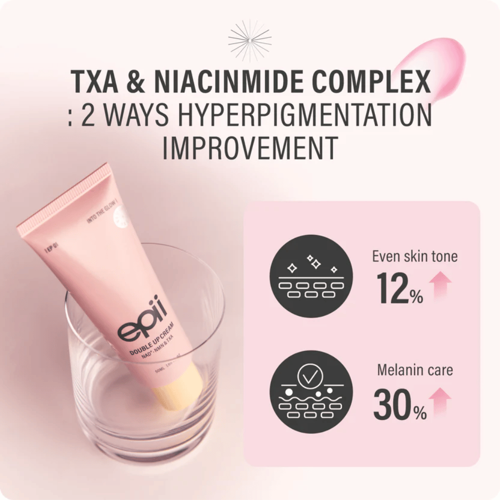 EPII Double Up Cream met NAD+, NMN, tranexaminezuur en niacinamide die helpt de huidtint egaler te maken en zichtbare pigmentatie te verminderen.