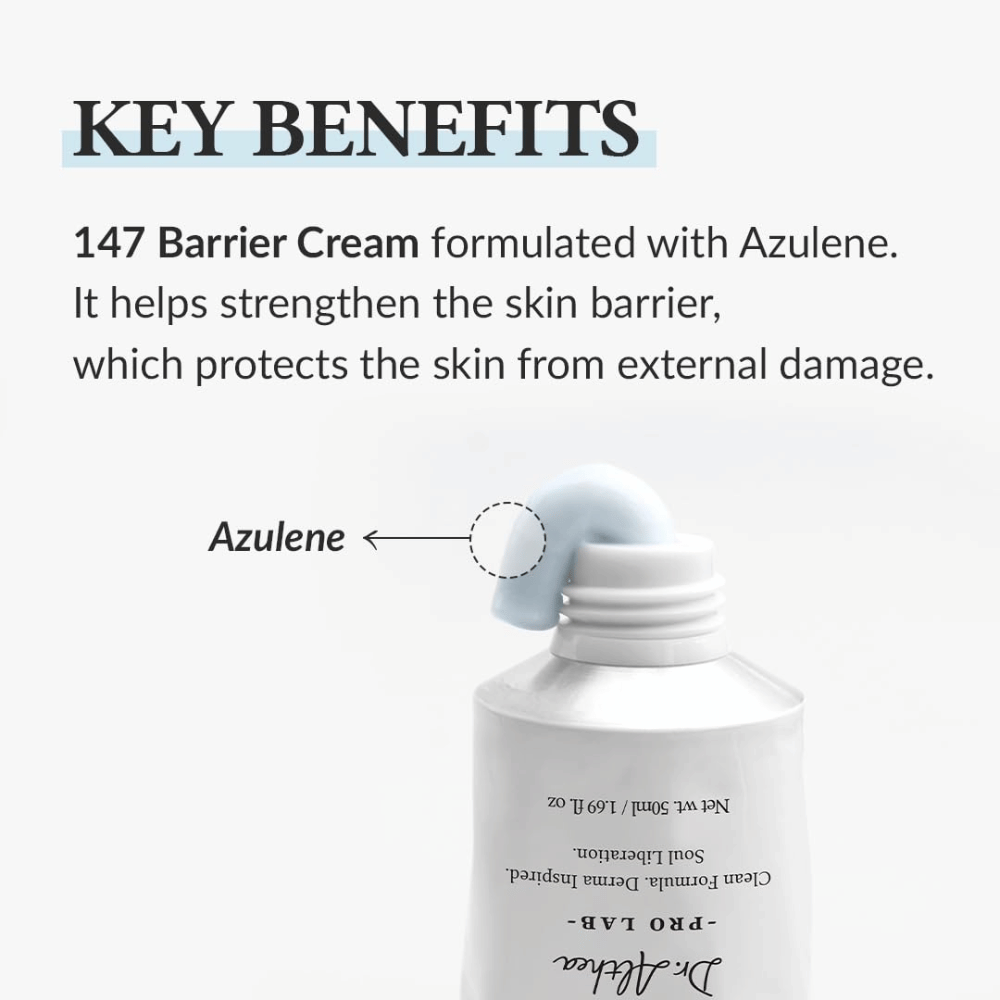 Dr. Althea 147 Barrier Cream met Azulene, een hydraterende crème die de huidbarrière versterkt en de huid beschermt tegen externe schade.