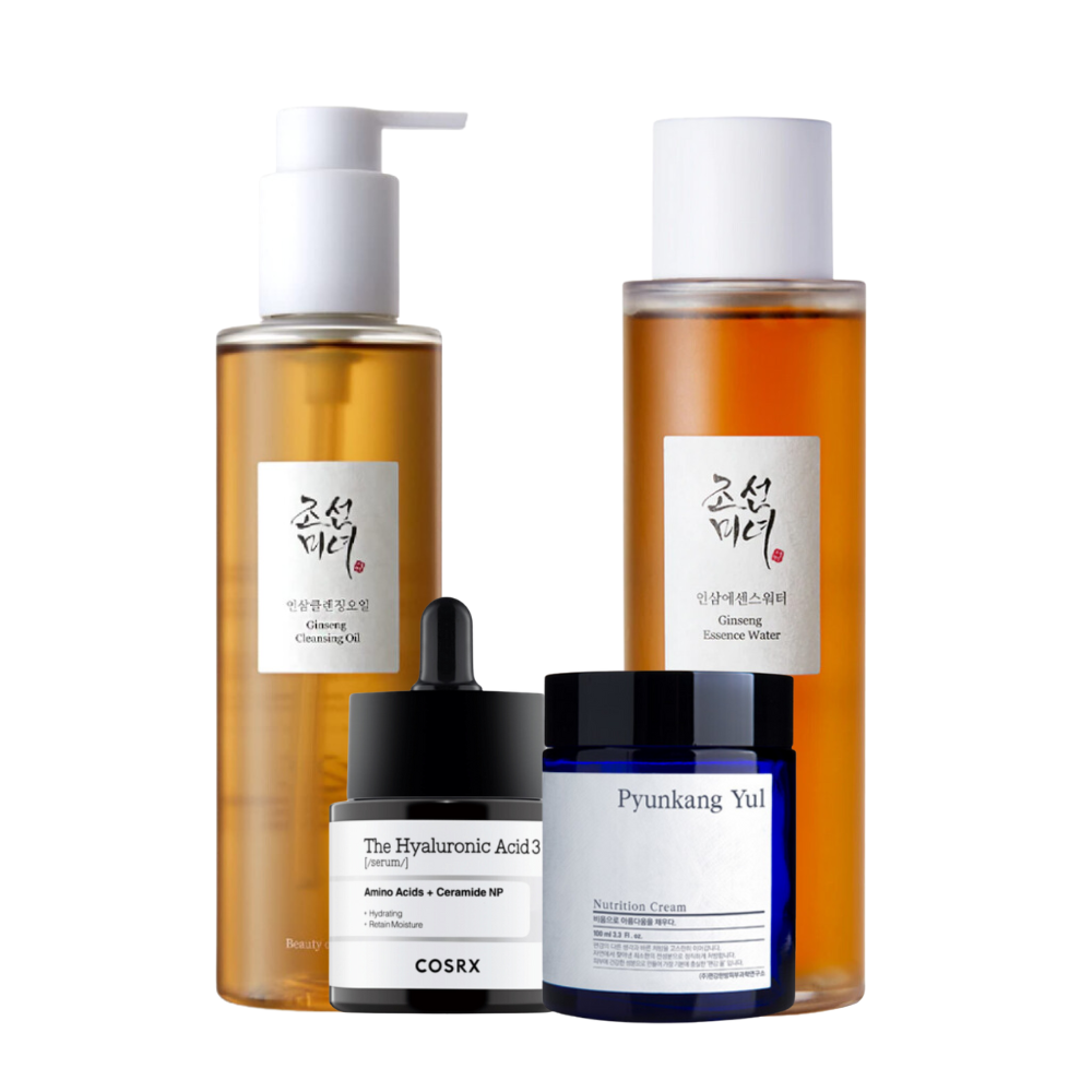 Schoonheidsproducten inclusief ginseng reinigingsolie, ginseng essence water, COSRX hyaluronzuur serum en Pyunkang Yul voedende crème.