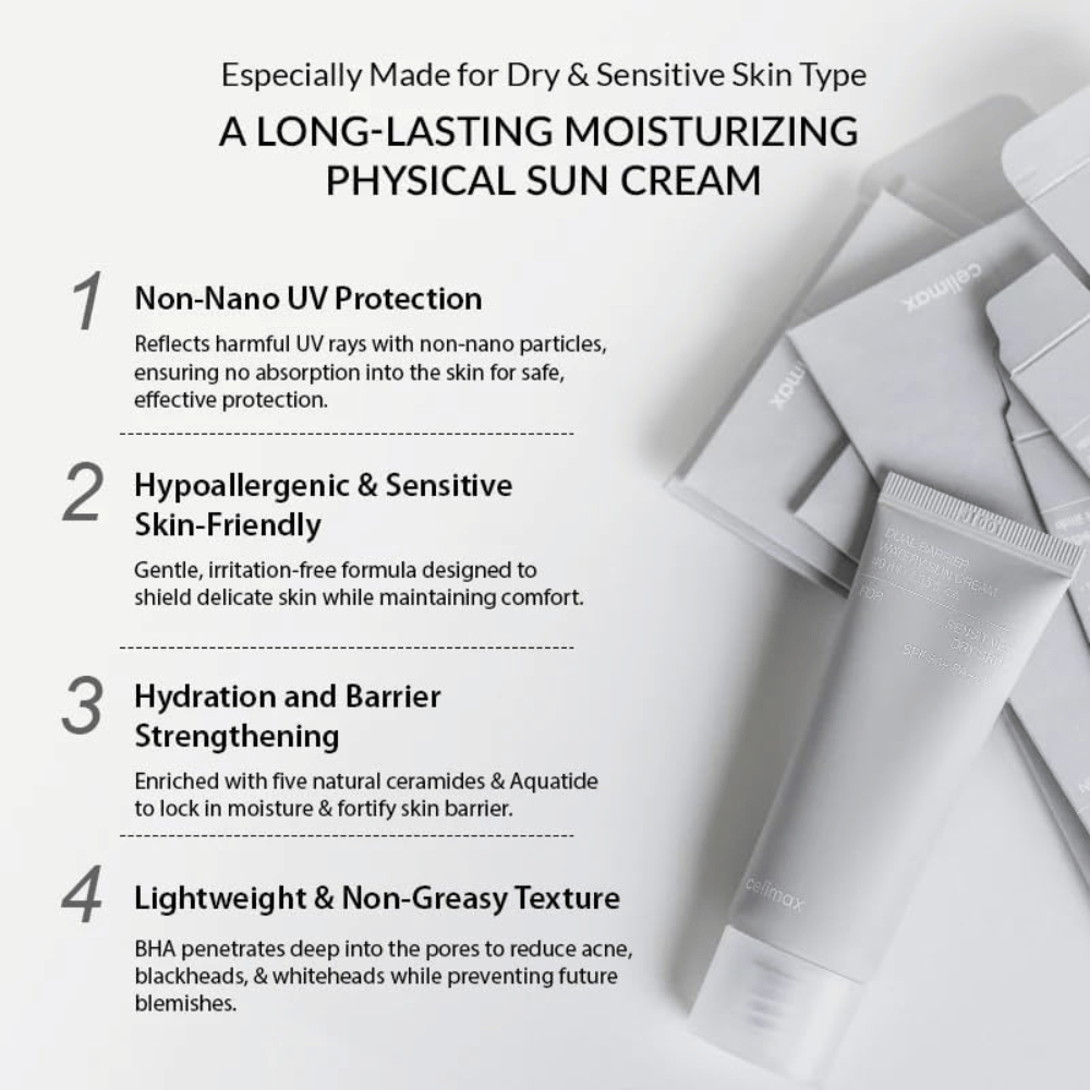 Celimax Dual Barrier Watery Sun Cream SPF50+ PA++++ met fysiek UV-filter, vijf ceramiden en Aquatide die hydrateren en de huidbarrière versterken.