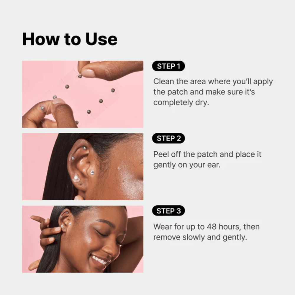 Stapsgewijze gids die laat zien hoe RETURNITY Ear Therapy Acupressure Patch op het oor wordt aangebracht. De pleisters worden op geselecteerde punten geplaatst en kunnen tot 48 uur worden gedragen.