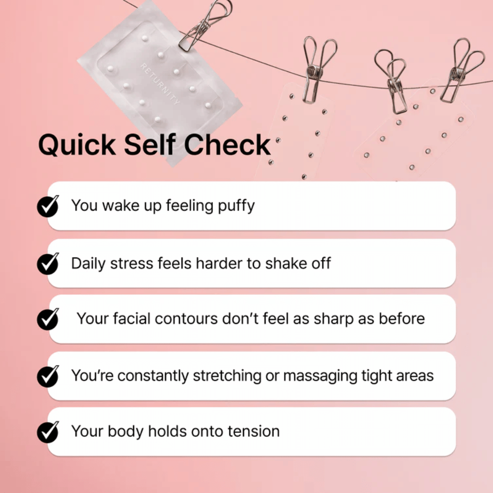 Illustratie van veelvoorkomende tekenen van stress, zwelling en spanning. RETURNITY Ear Therapy Acupressure Patch wordt gepresenteerd als onderdeel van een dagelijkse wellness-routine voor ontspanning en balans.