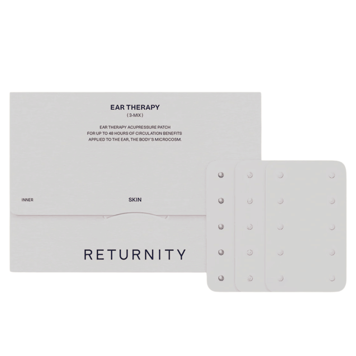 RETURNITY Ear Therapy Acupressure Patch 30pcs (3-Mix) met verpakking en drie verschillende soorten acupressuurpleisters. De set bevat meerdere varianten voor aangepaste ooracupressuur en dagelijks gebruik.