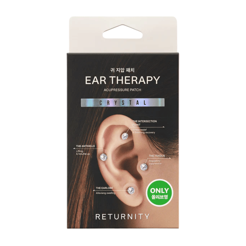 Verpakking van RETURNITY Ear Therapy Acupressure Patch Crystal met decoratieve kristalpatches voor ooracupressuur en focus op specifieke oorpunten.