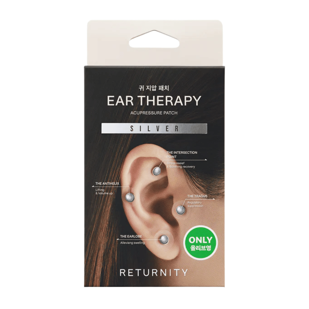 Verpakking van RETURNITY Ear Therapy Acupressure Patch Silver met zilverkleurige oorpatches en gemarkeerde acupressuurpunten op het oor.