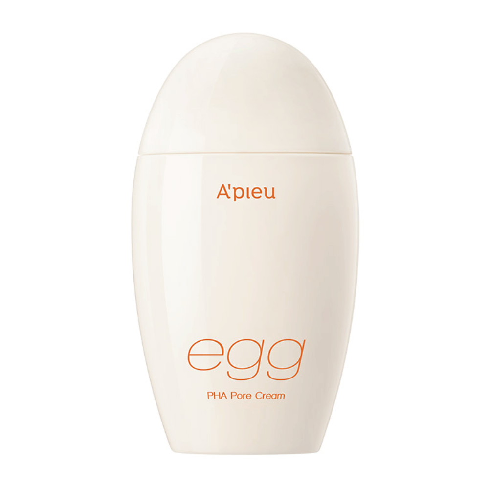 A'pieu Egg PHA Pore Cream in eivormige, beige verpakking met oranje tekst - een Koreaanse gezichtscrème voor porieverkleining en milde exfoliatie.