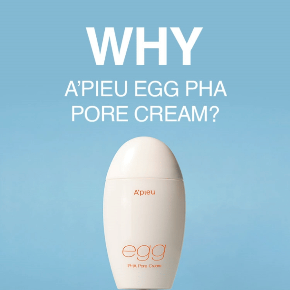 A'pieu Egg PHA Pore Cream in eivormige verpakking op blauwe achtergrond met de tekst "WHY A'PIEU EGG PHA PORE CREAM?", wat de voordelen van het product benadrukt.