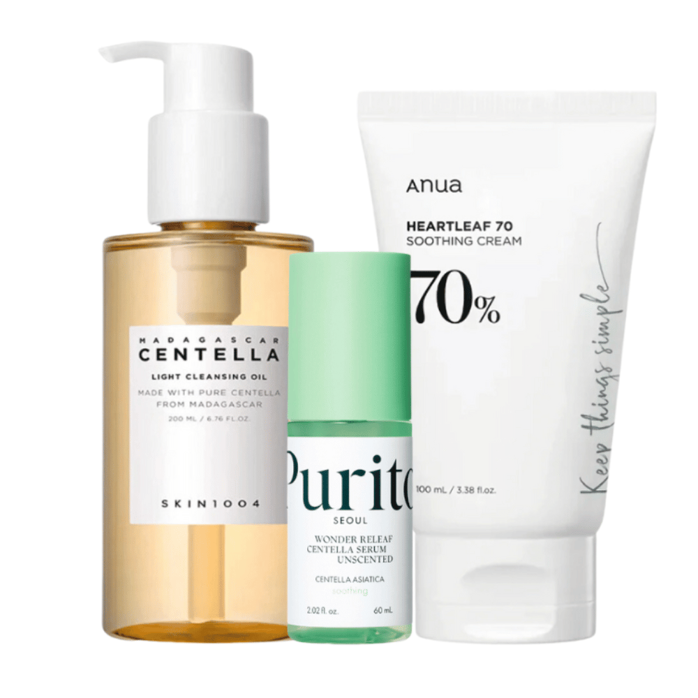 Dit Huidverzorgingsset bevat drie stappen voor een stralende huid: SKIN1004 Madagascar Centella Light Cleansing Oil voor milde reiniging, Purito Wonder Relief Centella Serum voor hydratatie en Anua Heartleaf 70 Soothing Cream voor kalmerende verzorging. Perfect voor dagelijks gebruik.