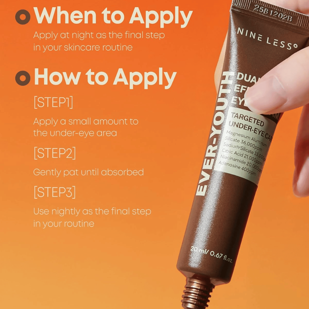 NINE LESS Ever-Youth Dual Effect Eye Cream – applicatie van eye cream als laatste stap in de avondroutine