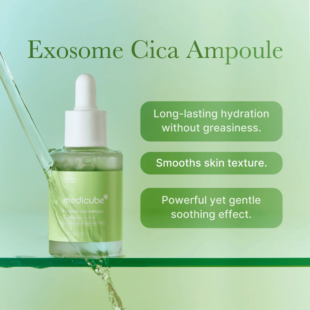 Medicube Exosome Cica Ampoule met groene waterstroom, benadrukt voor langdurige hydratatie, egale huidtint en krachtige maar zachte verzachtende werking.