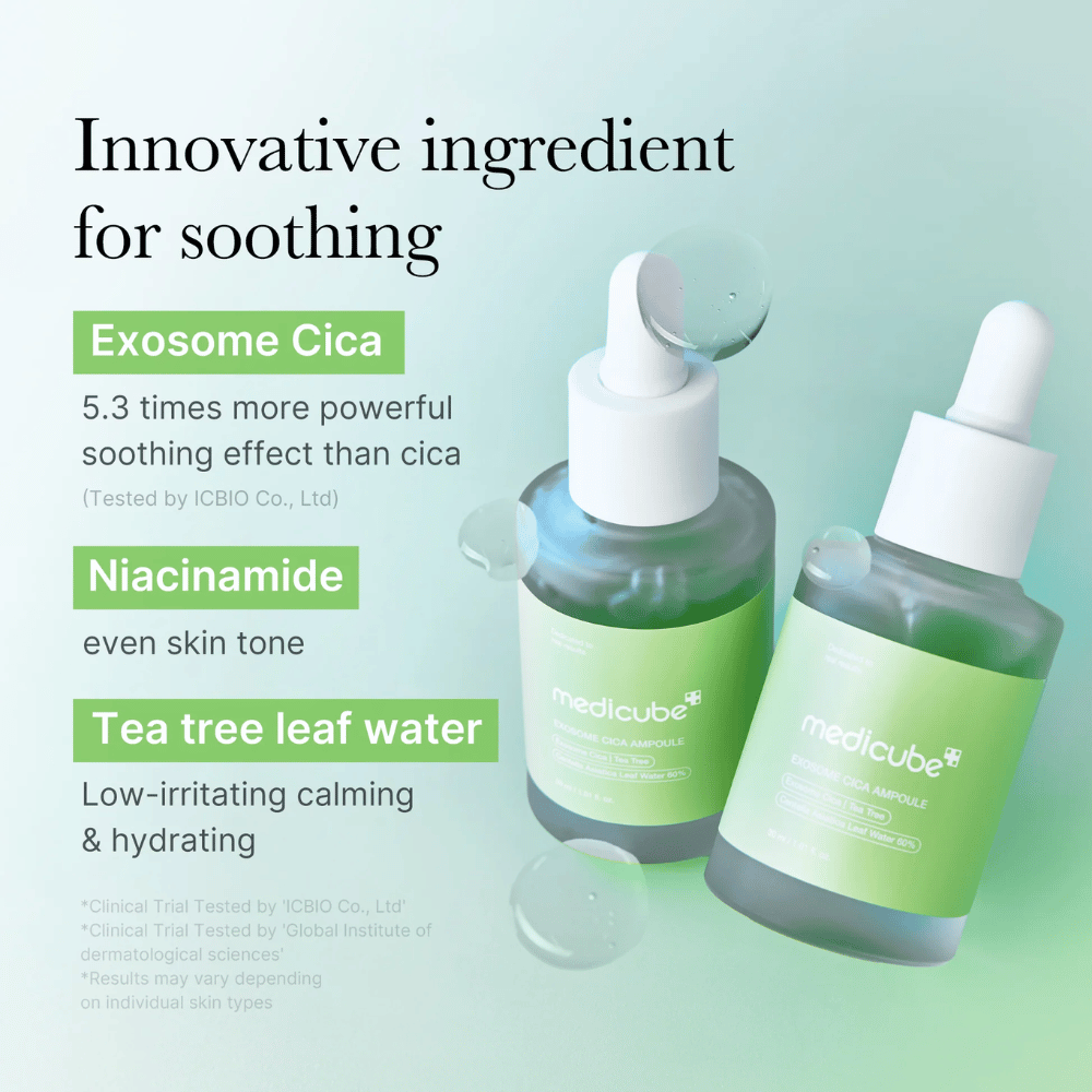Twee flessen Medicube Exosome Cica Ampoule, geformuleerd met Exosome Cica, niacinamide en tea tree bladwater voor kalmerend effect.
