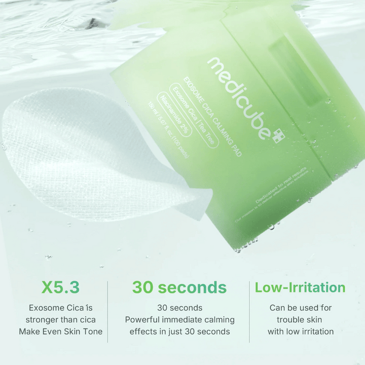 Medicube Exosome Cica Calming Pads under vatten, med fördelar: 5,3x starkare än cica, effekt på 30 sekunder, låg irritation.