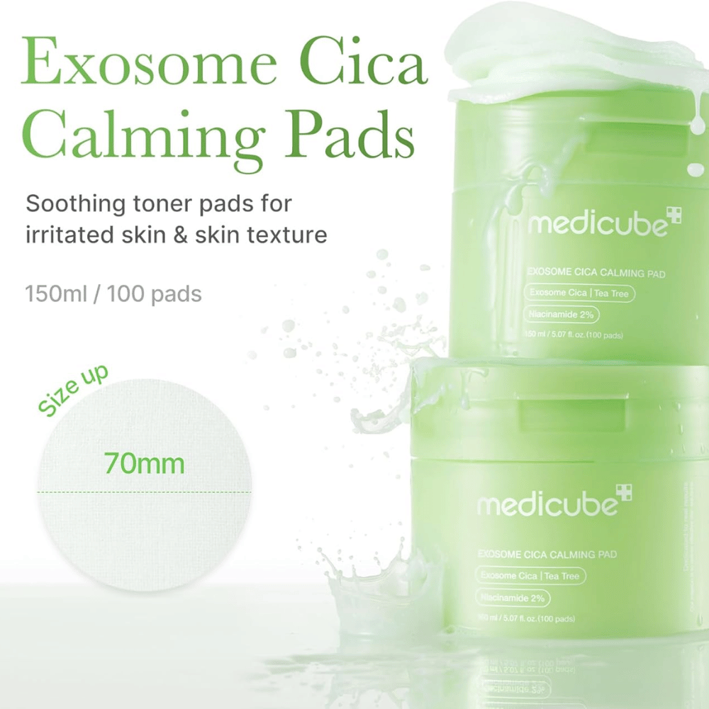 Medicube Exosome Cica Calming Pads in een groene pot, kalmerende toner pads met niacinamide en tea tree voor geïrriteerde huid, 150 ml/100 pads.