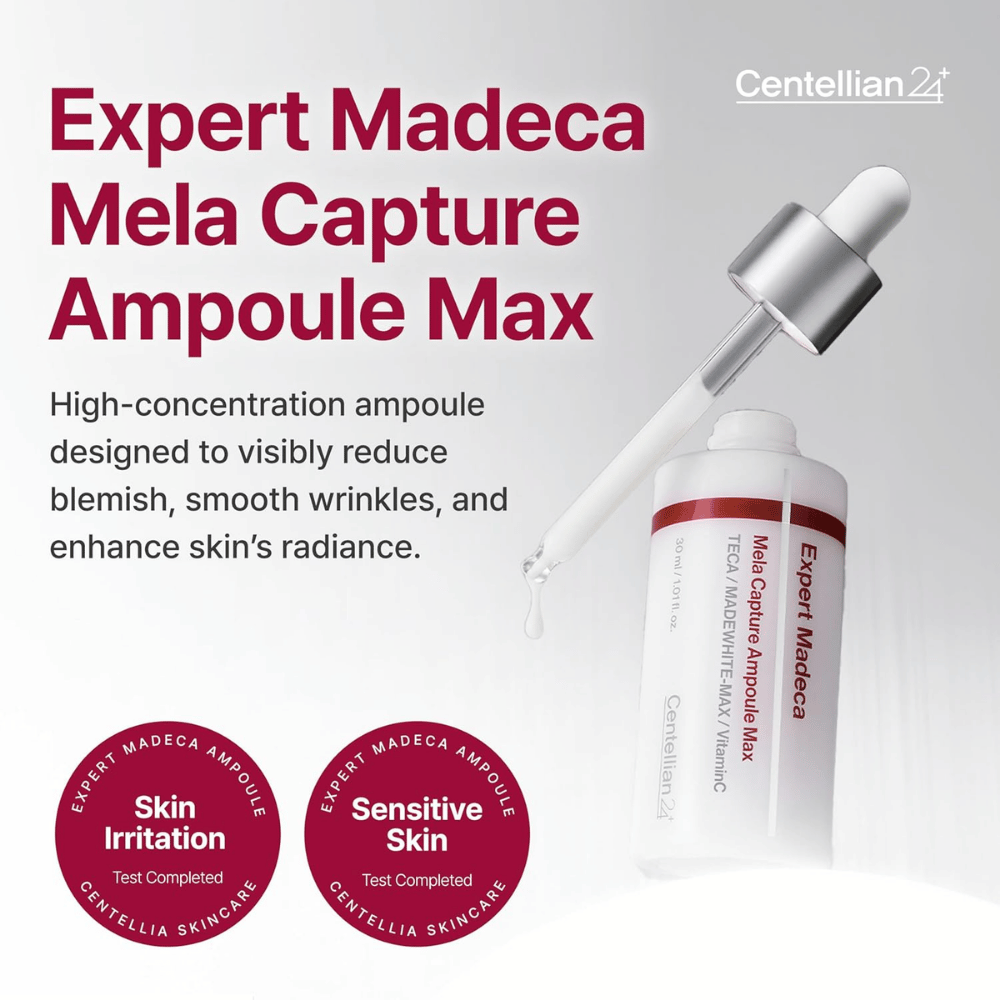 Centellian24 Expert Madeca Mela Capture Ampoule Max 30 ml – geconcentreerde Koreaanse ampul voor pigmentvlekken, fijne lijntjes en verbeterde uitstraling.