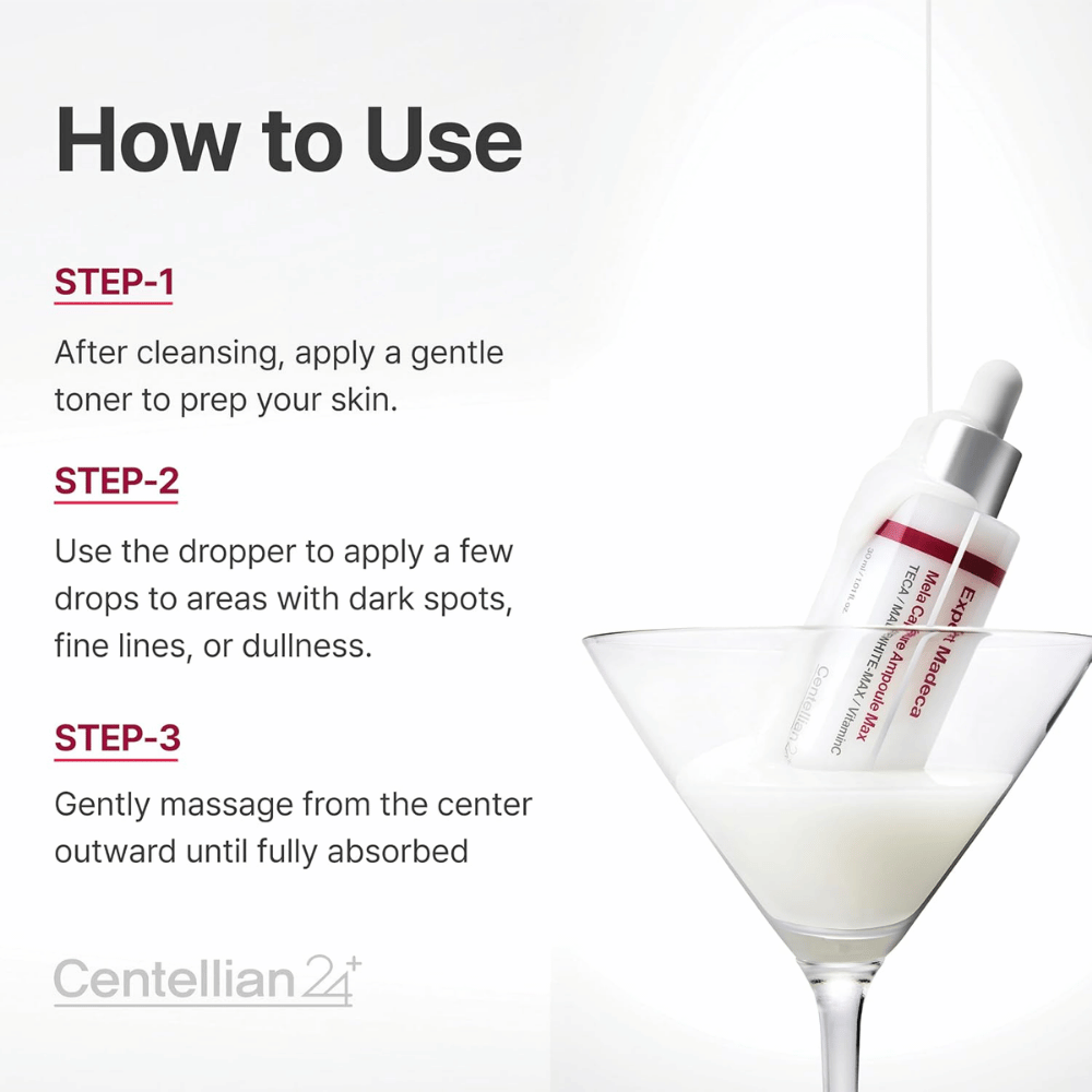 Centellian24 Expert Madeca Mela Capture Ampoule Max – breng een paar druppels aan op zones met pigmentvlekken, fijne lijntjes of een doffe huid en masseer zachtjes in.