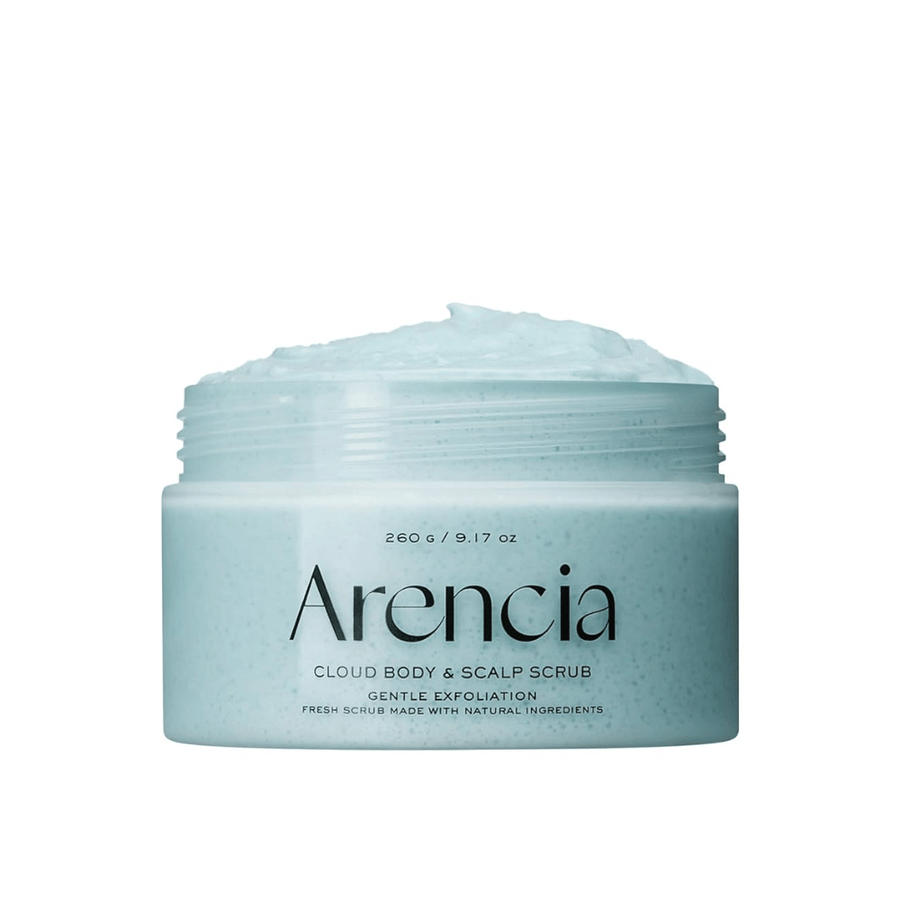 Arencia Fresh Cloud Scrub French Mint & Lily op witte achtergrond. Verfrissende lichaamsscrub en hoofdhuid scrub die zachtjes exfolieert en een verkoelend, zacht huidgevoel geeft.
