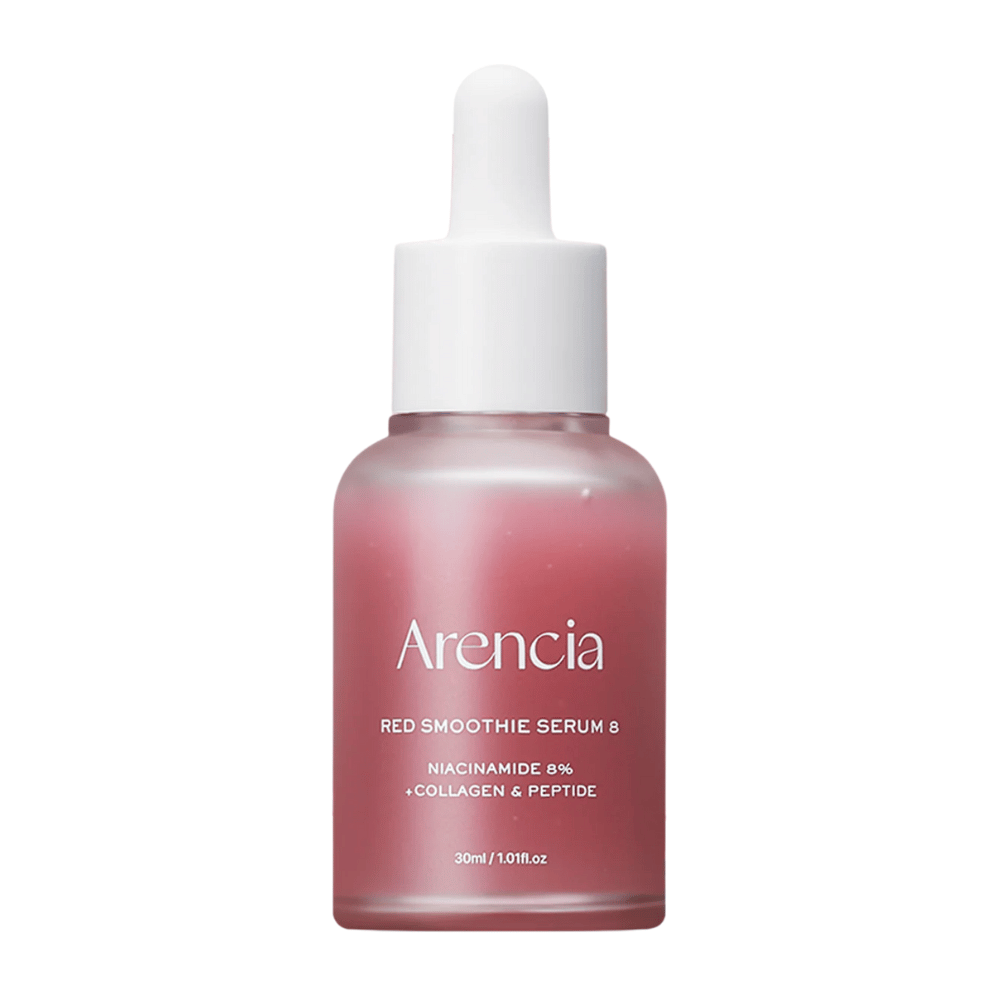 Arencia Red Smoothie Serum 8 in glazen fles met pipet, 30 ml. Een roze serum met niacinamide, collageen en peptiden dat de huidbarrière versterkt en de veerkracht verhoogt.
