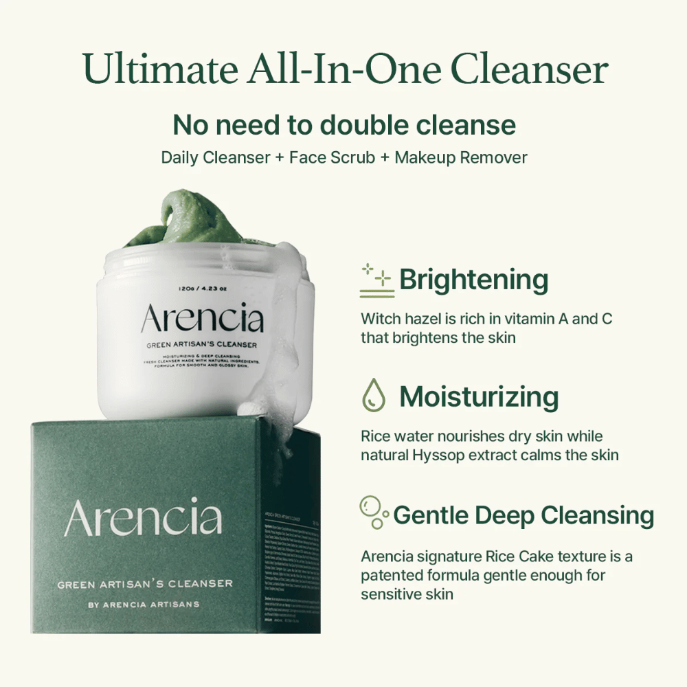 Arencia Green Artisan's Cleanser wordt getoond met pot en doos. De tekst benadrukt Voordelen: Brightening (vitamine A & C), Moisturizing (rijstwater & hyssop), Gentle Deep Cleansing met gepatenteerde rijsttextuur.