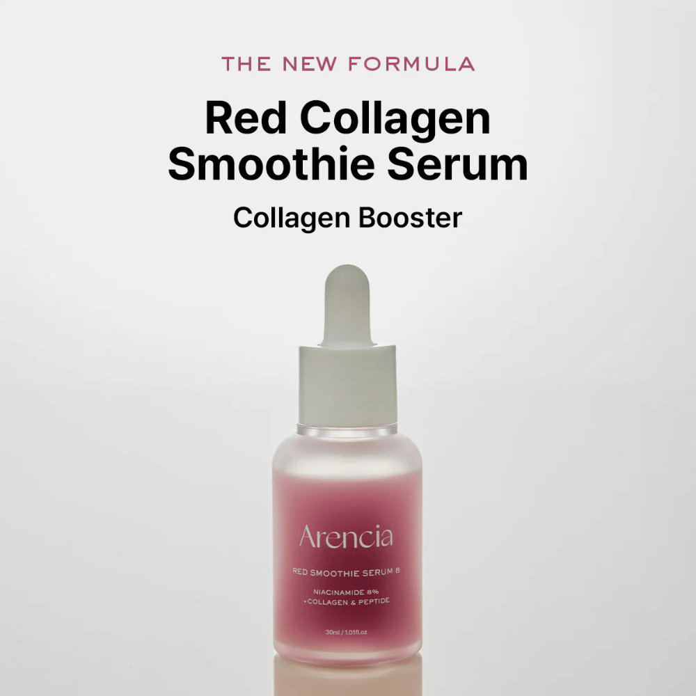 Arencia Red Smoothie Serum 8 wordt gepresenteerd als "Red Collagen Smoothie Serum", een krachtige collageenbooster met 8% niacinamide, collageen en peptiden.
