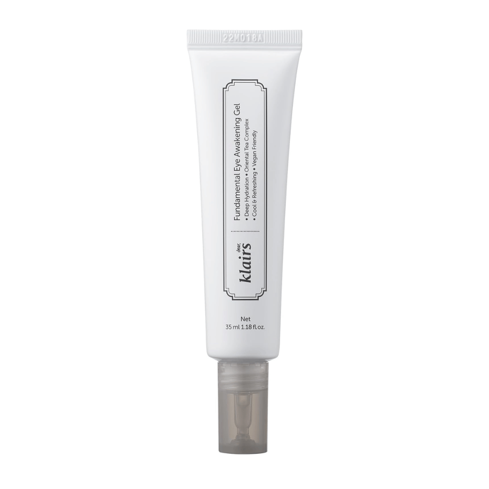 Vrijstaande productafbeelding van Klairs Fundamental Eye Awakening Gel tegen een witte achtergrond. De tube wordt van voren getoond om de productnaam, het formaat en het schone, minimalistische ontwerp dat kenmerkend is voor Klairs-producten duidelijk te presenteren.