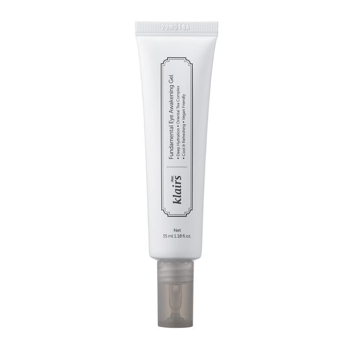 Vrijstaande productafbeelding van Klairs Fundamental Eye Awakening Gel tegen een witte achtergrond. De tube wordt van voren getoond om de productnaam, het formaat en het schone, minimalistische ontwerp dat kenmerkend is voor Klairs-producten duidelijk te presenteren.