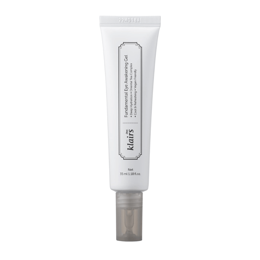 Vrijstaande productafbeelding van Klairs Fundamental Eye Awakening Gel tegen een witte achtergrond. De tube wordt van voren getoond om de productnaam, het formaat en het schone, minimalistische ontwerp dat kenmerkend is voor Klairs-producten duidelijk te presenteren.
