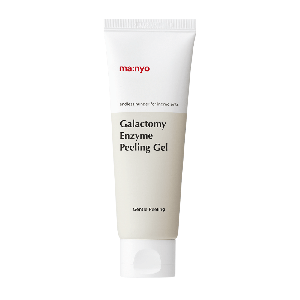 ma:nyo Galactomy Enzyme Peeling Gel, zachte exfoliërende peelinggel in een witte en beige tube tegen een witte achtergrond.