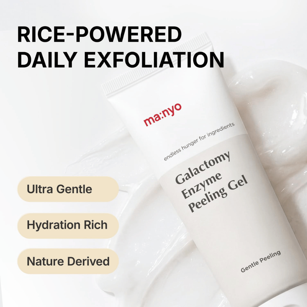 ma:nyo Galactomy Enzyme Peeling Gel, milde peeling met op rijst gebaseerde ingrediënten en een hydraterende geltextuur.