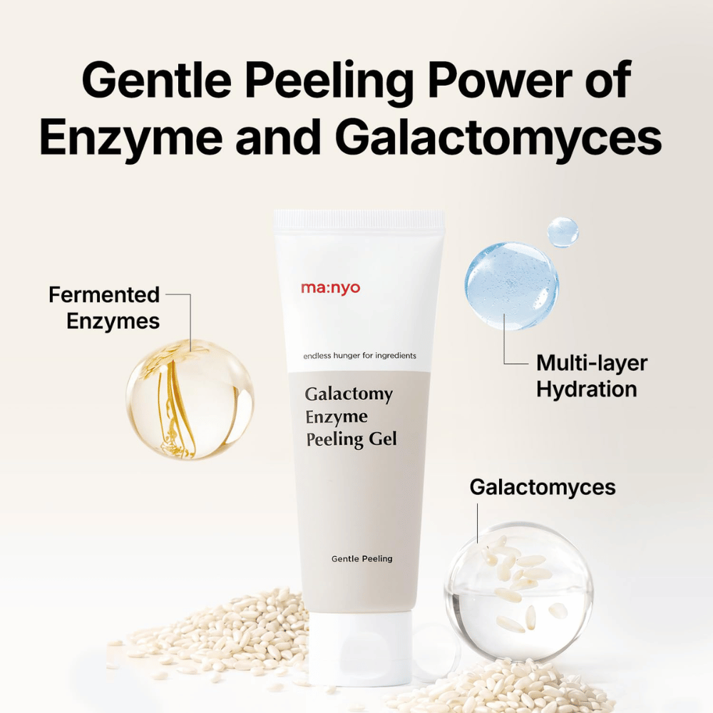 ma:nyo Galactomy Enzyme Peeling Gel met gefermenteerde enzymen en galactomyces die de huid exfoliëren en hydrateren.