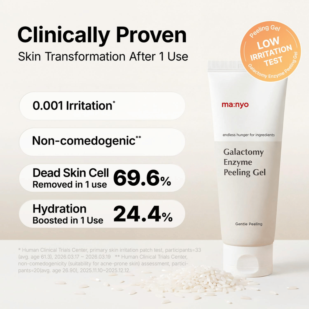 ma:nyo Galactomy Enzyme Peeling Gel met klinische testresultaten voor exfoliatie, hydratatie en een huidvriendelijke formule.