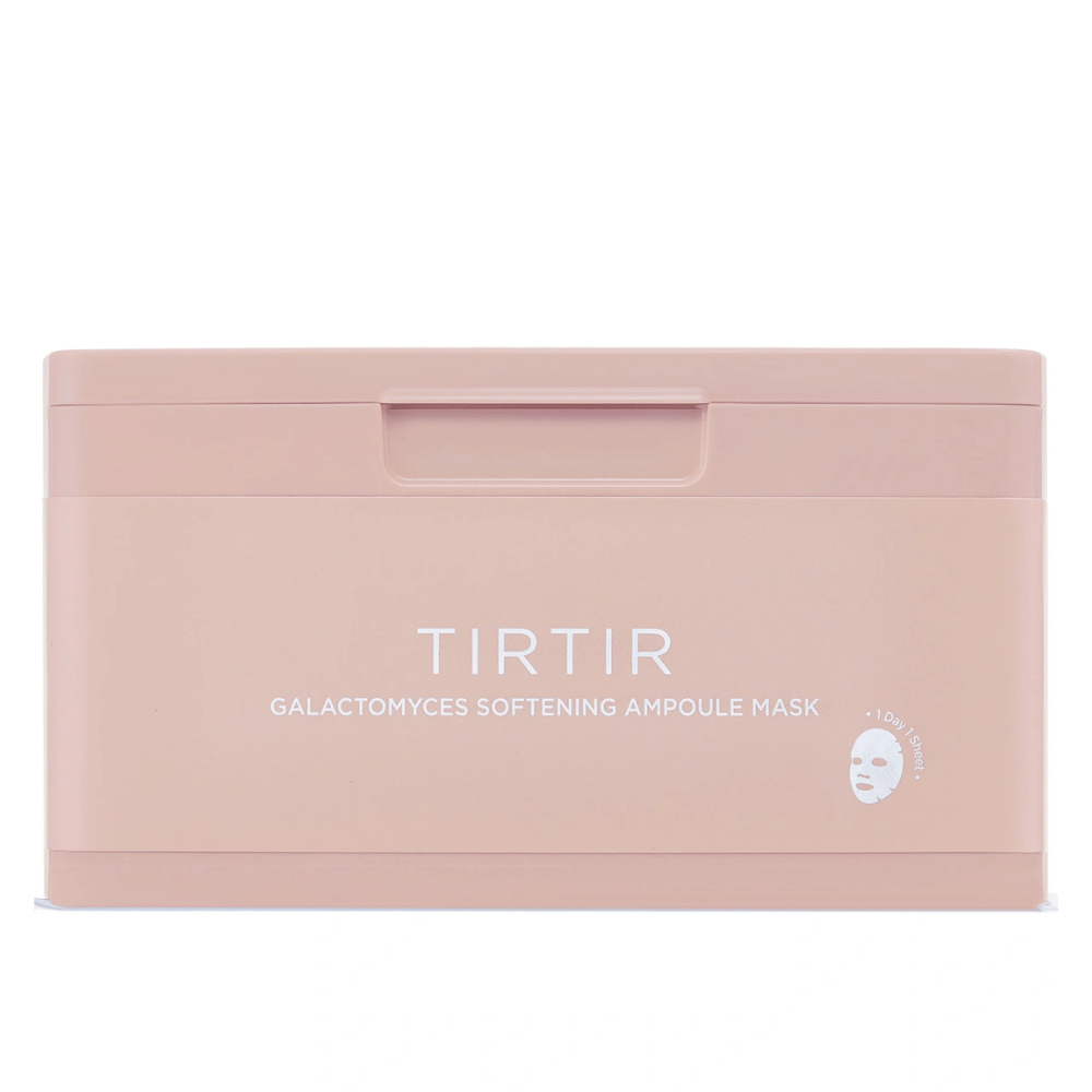Roze container met de tekst "TIRTIR GALACTOMYCES SOFTENING AMPOULE MASK" en een klein pictogram van een Sheet mask, ontworpen om meerdere gezichtsmaskers op te bergen.