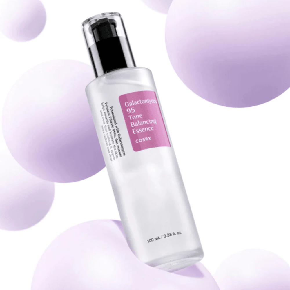 COSRX Galactomyces 95 Tone Balancing Essence in doorzichtige fles met paarse etiket. De essence geeft glans, balanceert de huidtint en verbetert de huidstructuur.