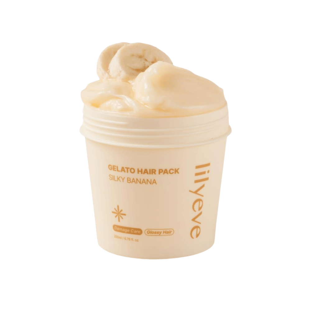 LILYEVE Gelato Hair Pack Silky Banana 200 ml – romig haarmasker voor beschadigd haar met focus op zachtheid en glans.