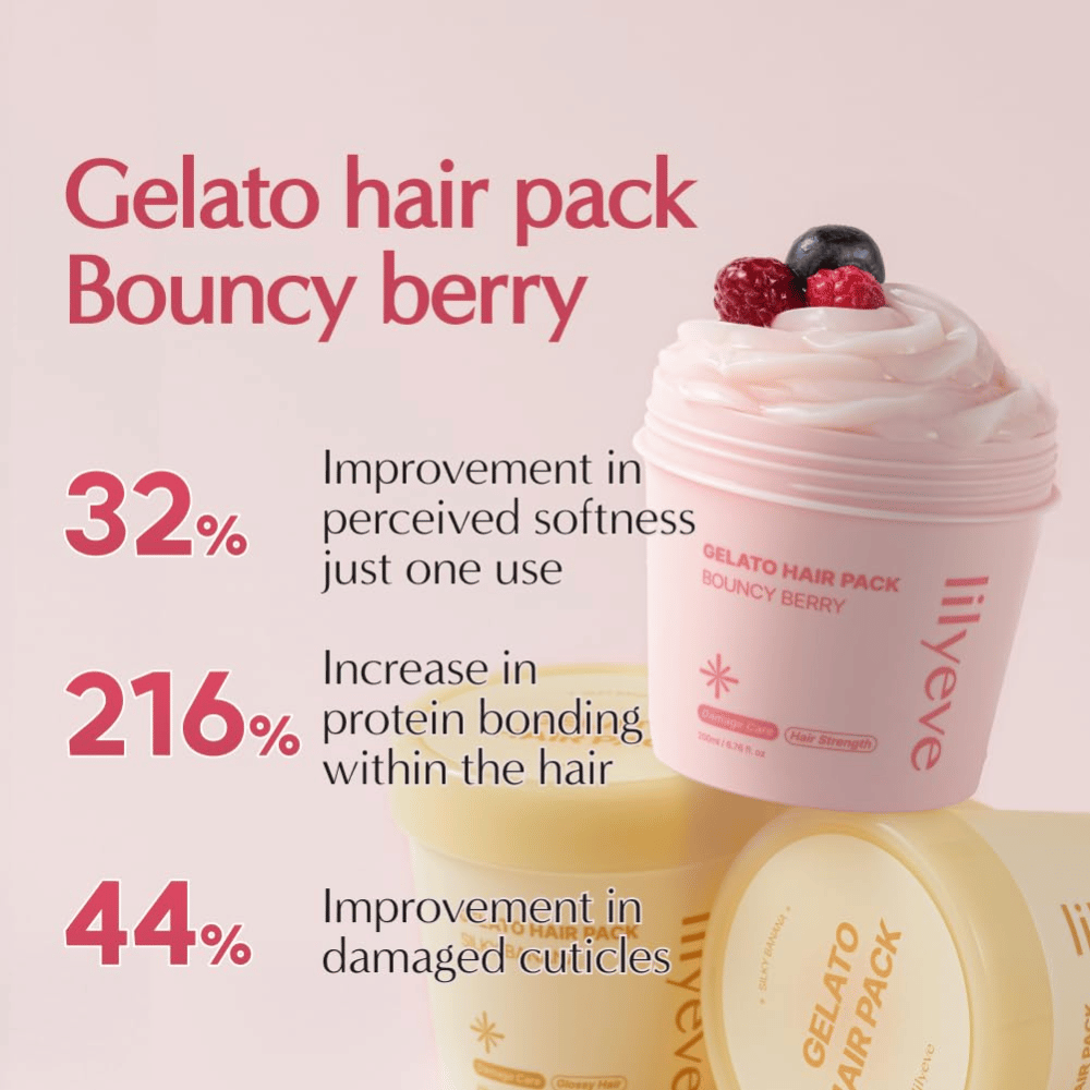 LILYEVE Gelato Hair Pack Bouncy Berry – versterkend proteïnemasker voor zachter haar en verzorging van beschadigde haarstrengen.