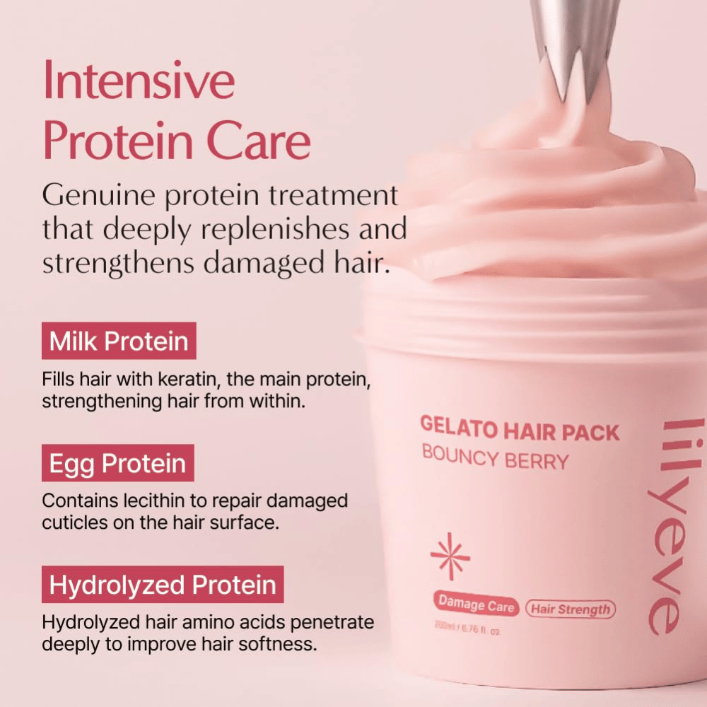 LILYEVE Gelato Hair Pack Bouncy Berry met melkeiwit, eiproteïne en gehydrolyseerd eiwit voor intensieve verzorging van beschadigd haar.