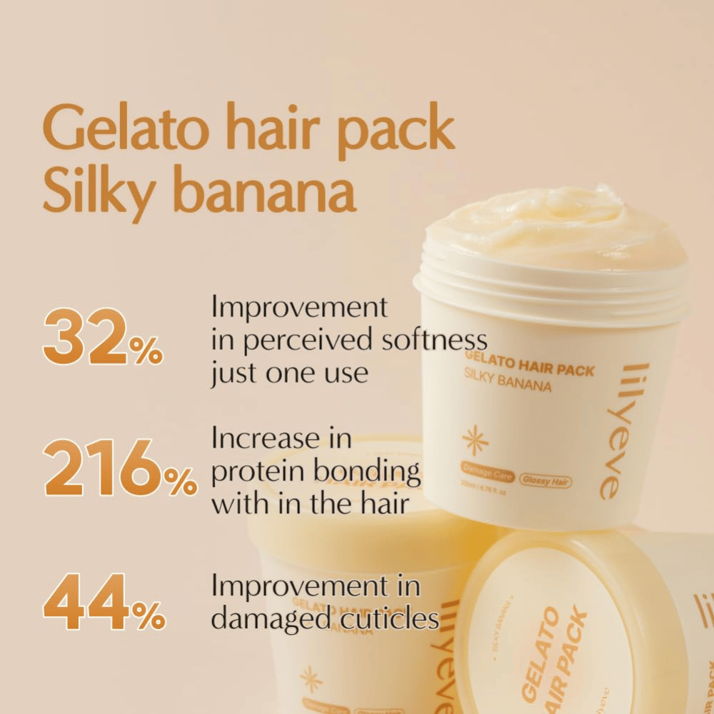 LILYEVE Gelato Hair Pack Silky Banana – eiwitrijk haarmasker voor zachter haar, glans en verzorging van beschadigde haarstrengen.
