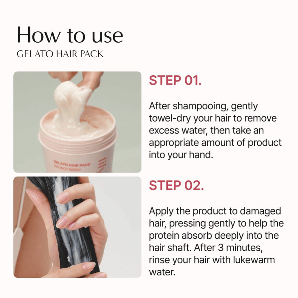 Zo gebruik je LILYEVE Gelato Hair Pack – breng het haarmasker aan op handdoekdroog haar, laat het 3 minuten inwerken en spoel uit.