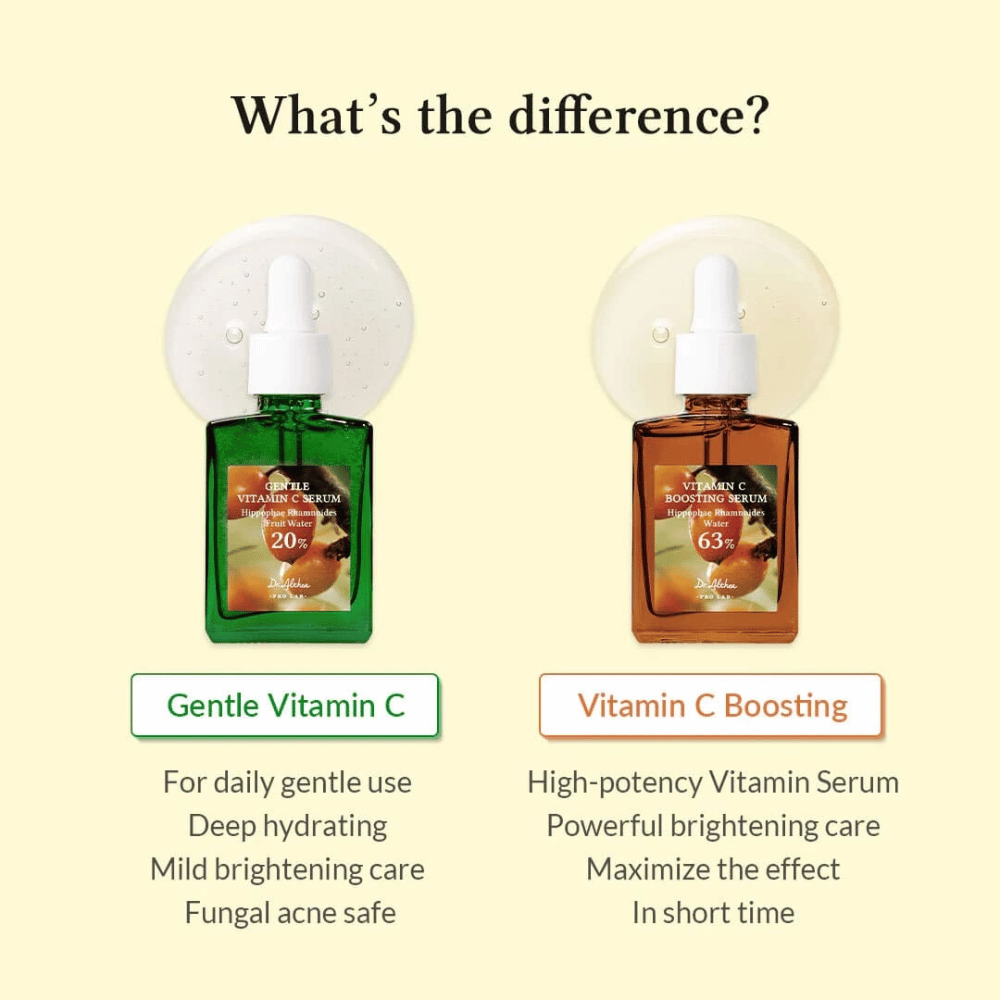 Gentle Vitamin C Serum is perfect voor dagelijks gebruik, hydrateert diep en biedt milde verheldering van de huid. Veilig voor huid met schimmelacne. Vitamin C Boosting Serum heeft een hoge concentratie voor krachtige verheldering en snelle resultaten. Ideaal voor intensieve huidbehoeften.