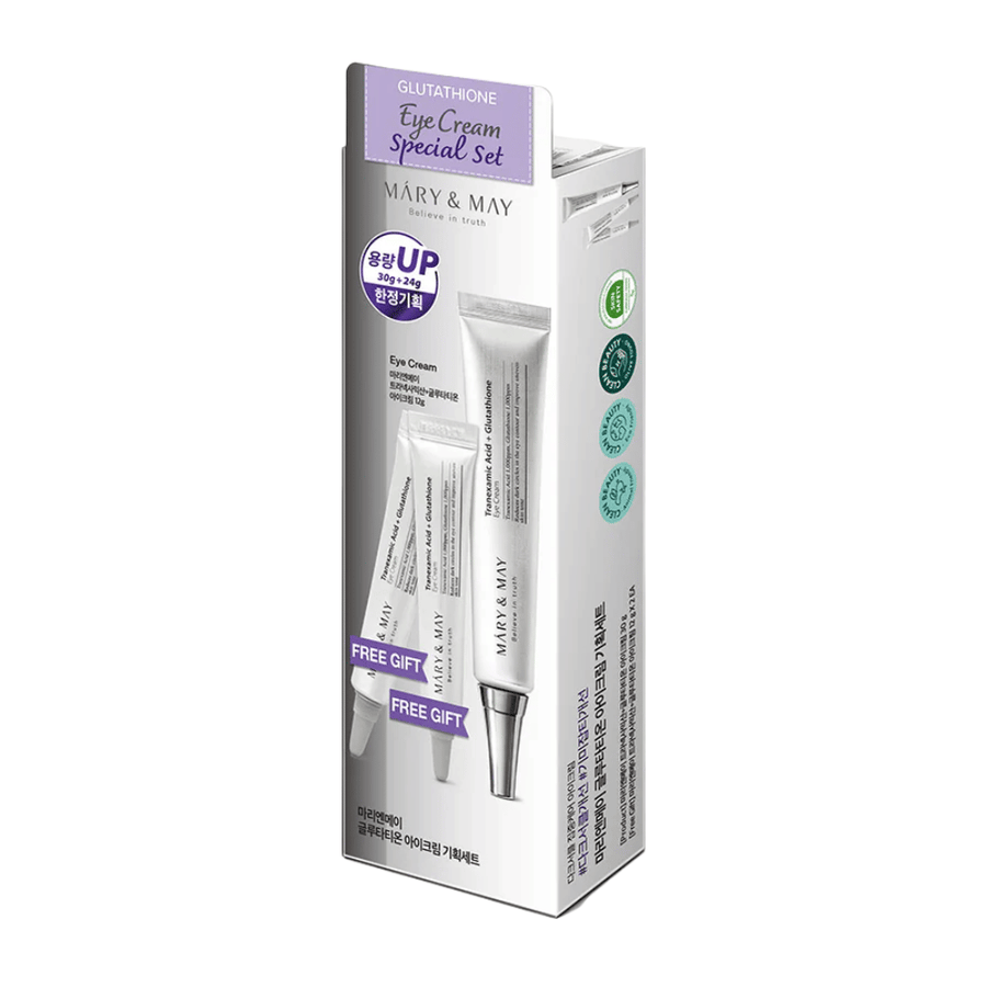 Mary&May Glutathione Eye Cream Special Set met bonusproducten, een populair K-beauty-set voor intensieve opheldering en verzorging van de huid rondom de ogen.