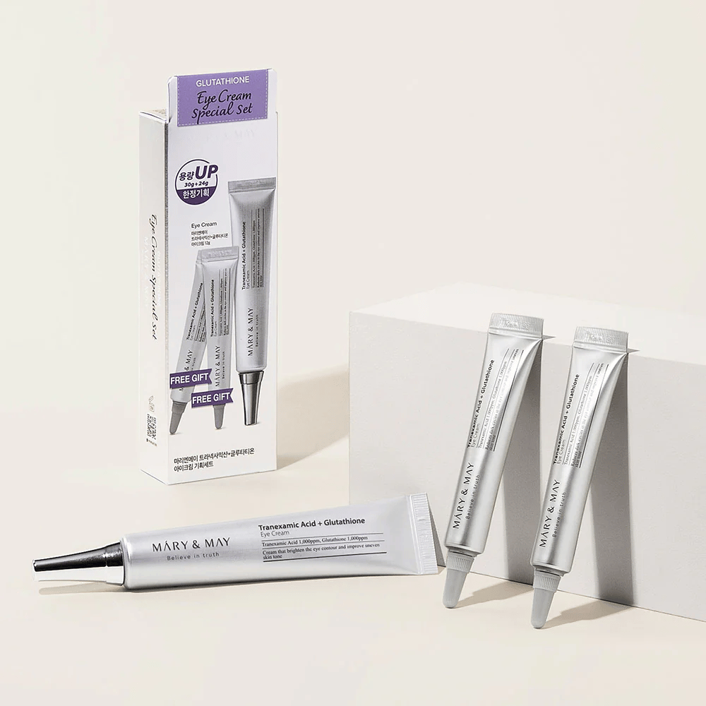 Mary&May Tranexamic Acid + Glutathione Eye Cream Special Set met originele verpakking en extra tubes, een compleet set voor stralende en egaliserende oogverzorging.