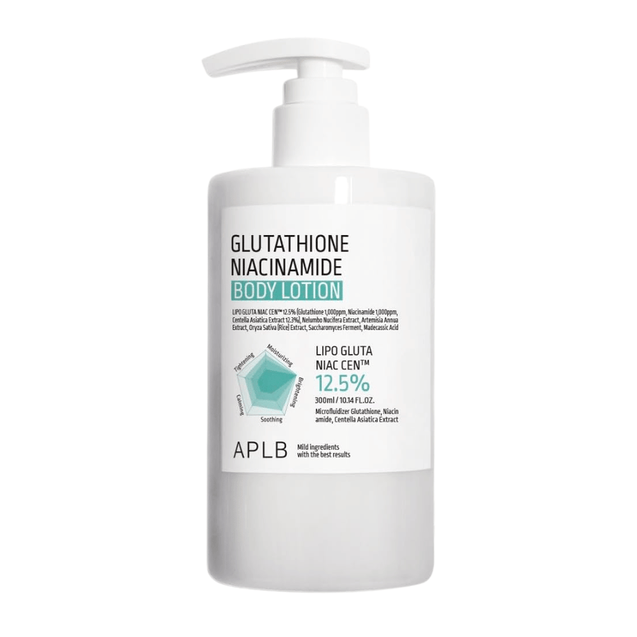 APLB Glutathione Niacinamide Body Lotion productafbeelding met pompflacon en geavanceerde formule voor hydratatie, glans en verbeterde huidelasticiteit