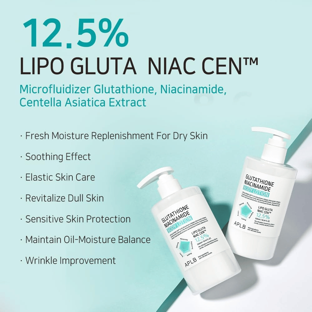 APLB Glutathione Niacinamide Body Lotion 12,5% Lipo Gluta Niac Cent met hydratatie, huidbalans, anti-aging effect en bescherming voor de gevoelige huid