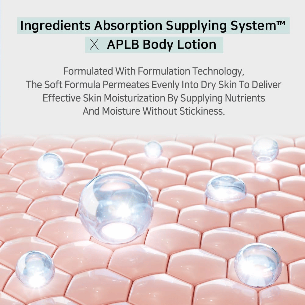 APLB body lotion met Ingredients Absorption Supplying System dat in de huid doordringt en intensieve hydratatie biedt zonder een plakkerig gevoel